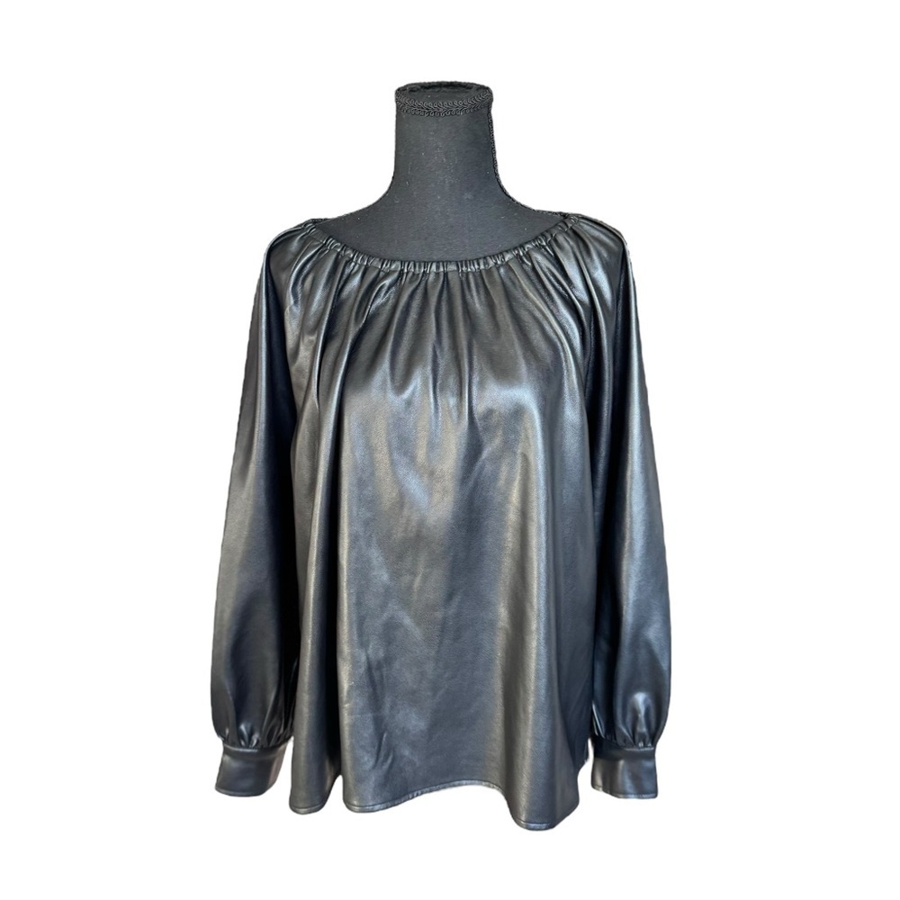 Dolce Cabo Faux Leather Off Shoulder Peasant Blouse Black Medium Chic Boho Luxe